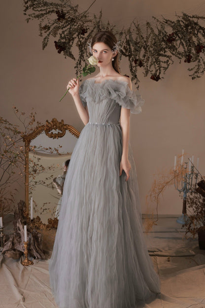 solvbao Gray Tulle Long Prom Dress, A-Line Off the Shoulder Evening Dress