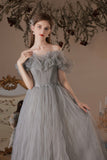 solvbao Gray Tulle Long Prom Dress, A-Line Off the Shoulder Evening Dress