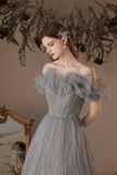 solvbao Gray Tulle Long Prom Dress, A-Line Off the Shoulder Evening Dress