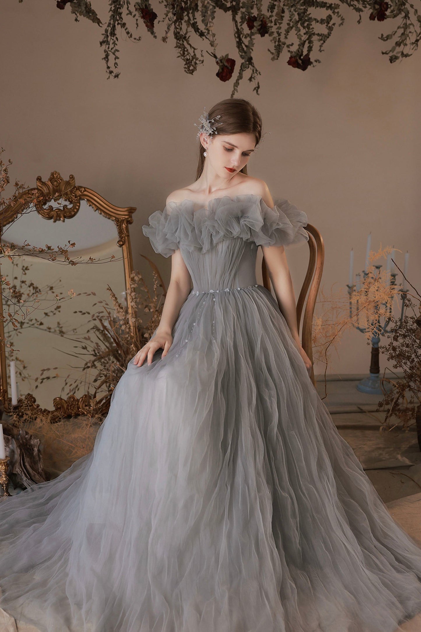 solvbao Gray Tulle Long Prom Dress, A-Line Off the Shoulder Evening Dress