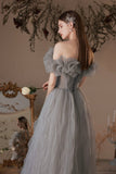 solvbao Gray Tulle Long Prom Dress, A-Line Off the Shoulder Evening Dress