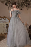 solvbao Gray Tulle Long Prom Dress, A-Line Off the Shoulder Evening Dress