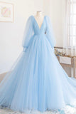 solvbao Blue V-Neck Tulle Long Prom Dress, Long Sleeve A-Line Evening Party Dress