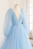 solvbao Blue V-Neck Tulle Long Prom Dress, Long Sleeve A-Line Evening Party Dress