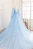 solvbao Blue V-Neck Tulle Long Prom Dress, Long Sleeve A-Line Evening Party Dress