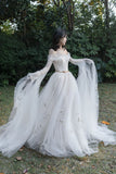 solvbao Ivory Tulle Long Sleeve Prom Dress, A-Line Evening Dress with Butterfly