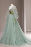 solvbao Green V-Neck Tulle Long Prom Dress, Long Sleeve Evening Dress