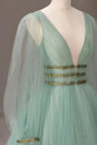 solvbao Green V-Neck Tulle Long Prom Dress, Long Sleeve Evening Dress