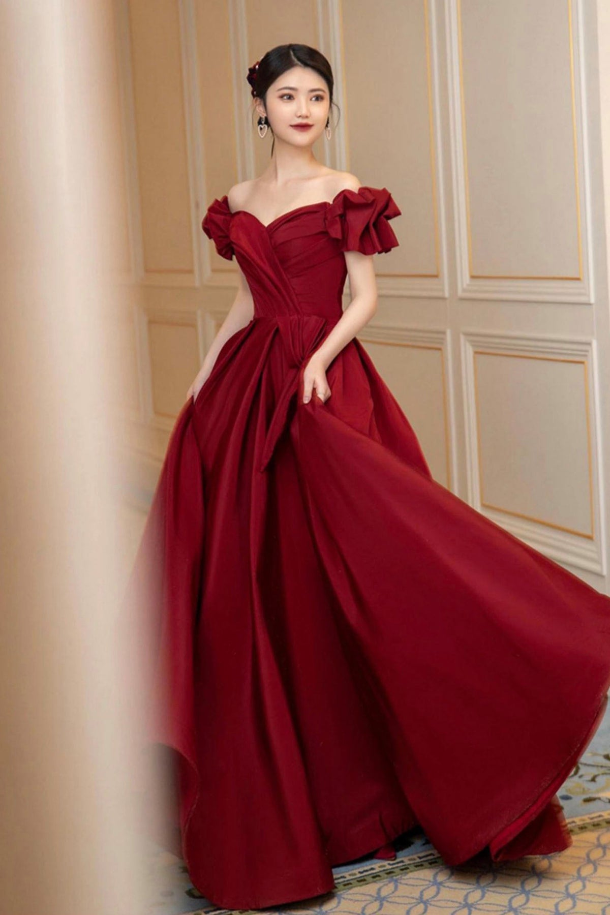 solvbao Burgundy Satin Long Prom Dress, A-Line Evening Party Dress