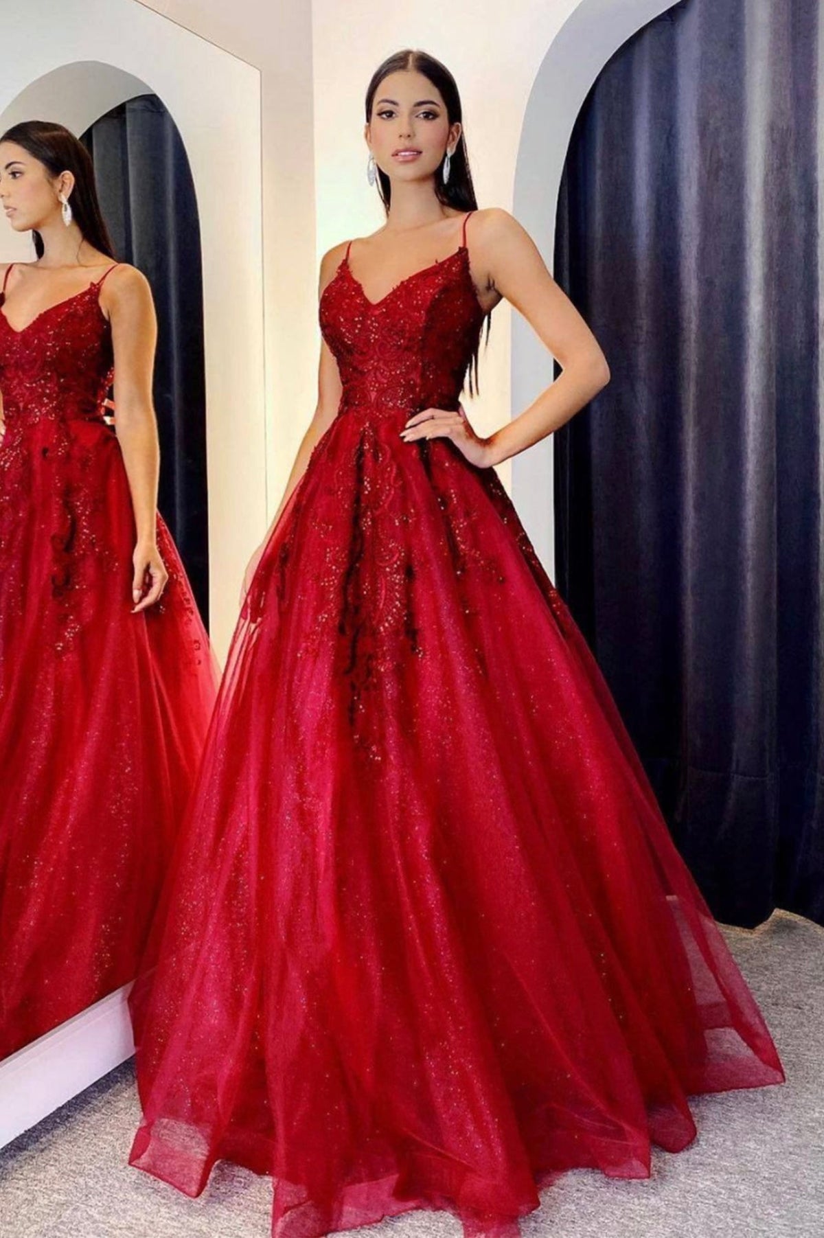 solvbao Burgundy Lace Sequins Long Prom Dresses, A-Line Evening Dresses