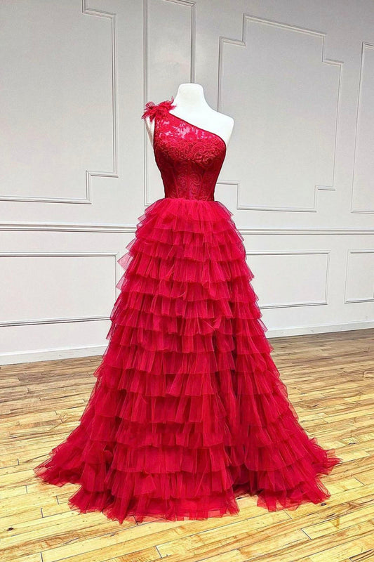 solvbao Red Tulle Lace Long Prom Dresses, One Shoulder Evening Dresses