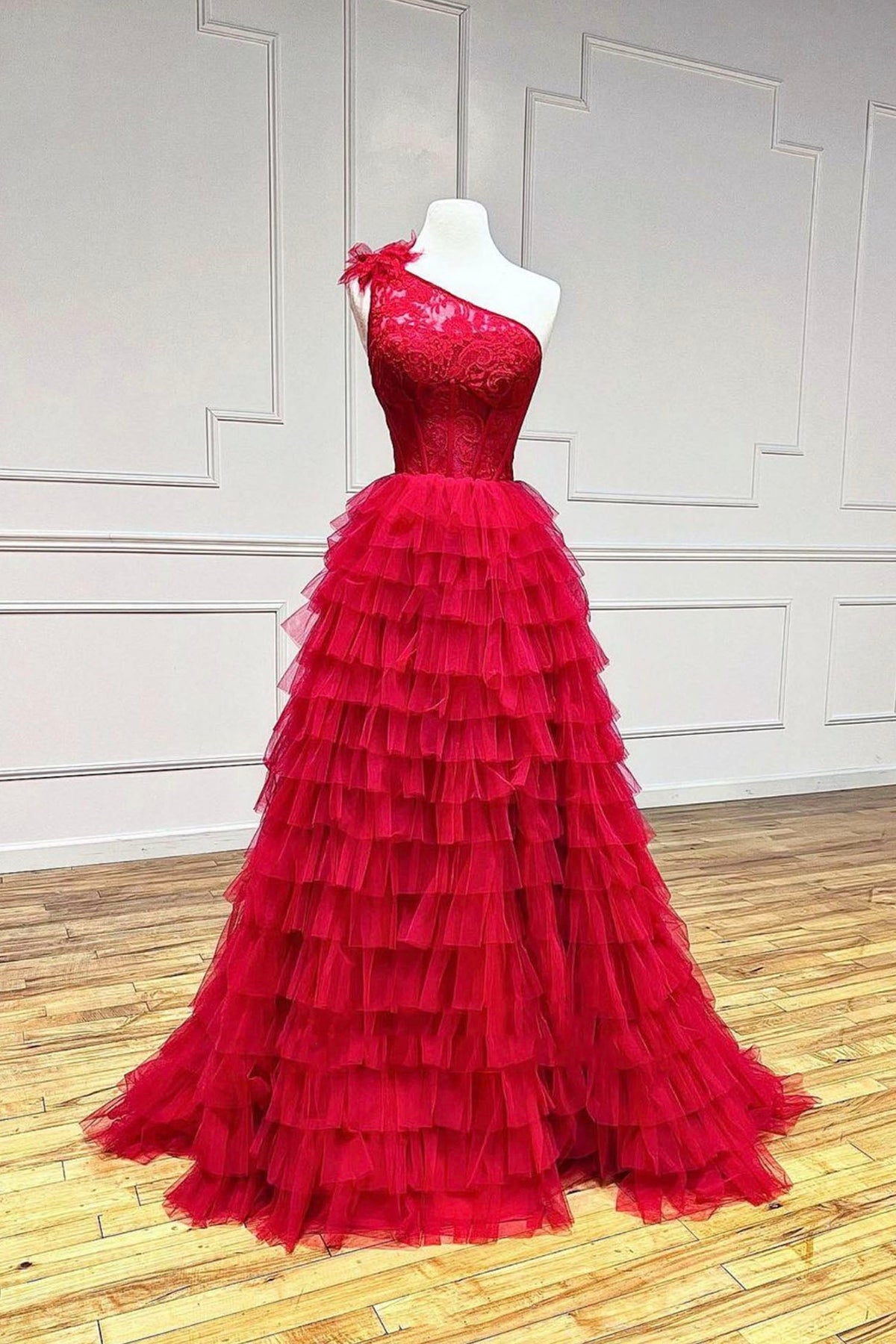 solvbao Red Tulle Lace Long Prom Dresses, One Shoulder Evening Dresses