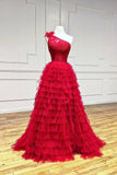 solvbao Red Tulle Lace Long Prom Dresses, One Shoulder Evening Dresses