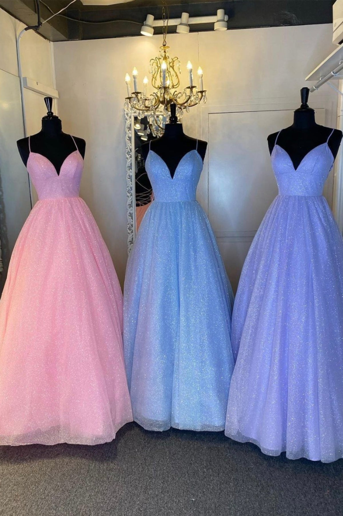 solvbao Cute V-Neck Tulle Long Prom Dresses, A-Line Evening Dresses