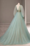 solvbao Green V-Neck Tulle Long Prom Dress, Long Sleeve Evening Dress