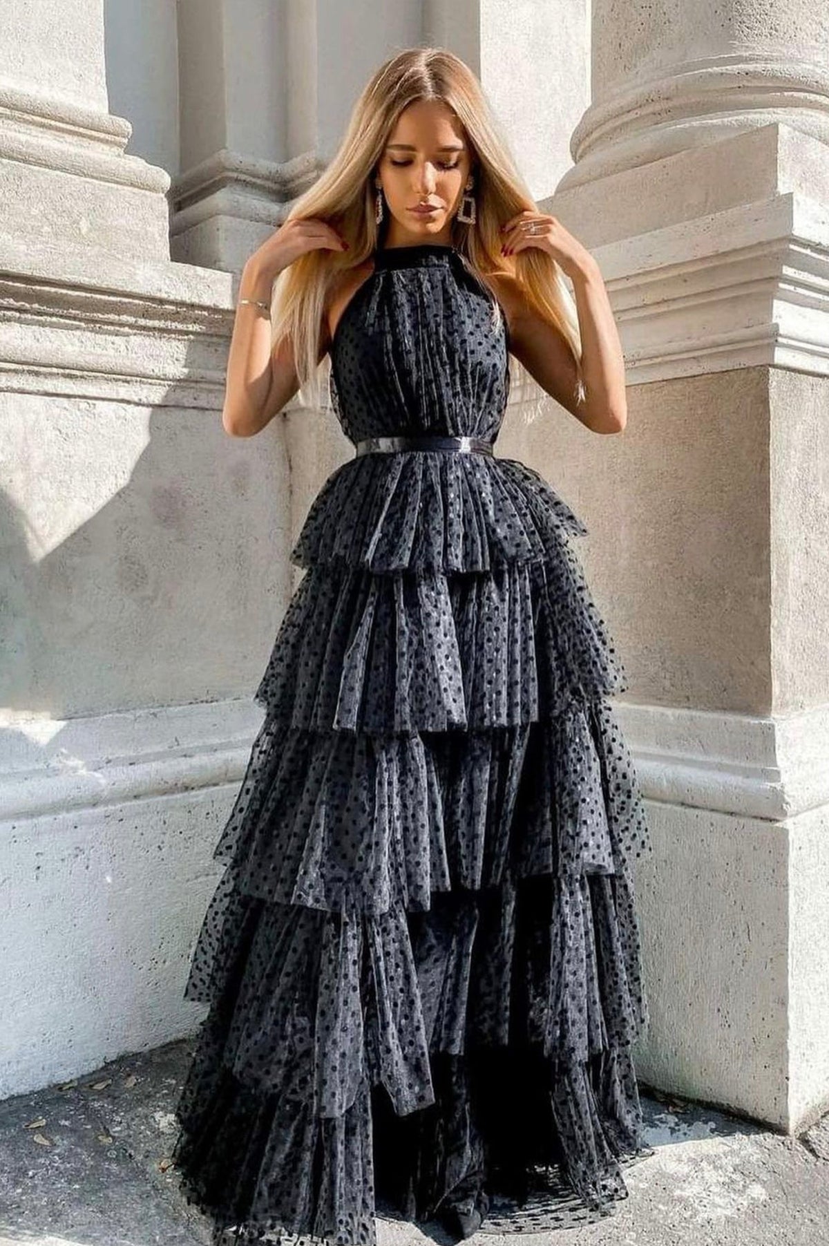 solvbao Black Tulle Long Prom Dresses, A-Line Black Evening Dresses