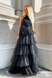 solvbao Black Tulle Long Prom Dresses, A-Line Black Evening Dresses