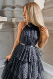 solvbao Black Tulle Long Prom Dresses, A-Line Black Evening Dresses