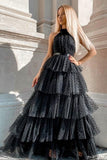 solvbao Black Tulle Long Prom Dresses, A-Line Black Evening Dresses