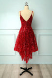 solvbao Burgundy Lace V-Neck Short Prom Dress, A-Line Irregular Hem Party Dress