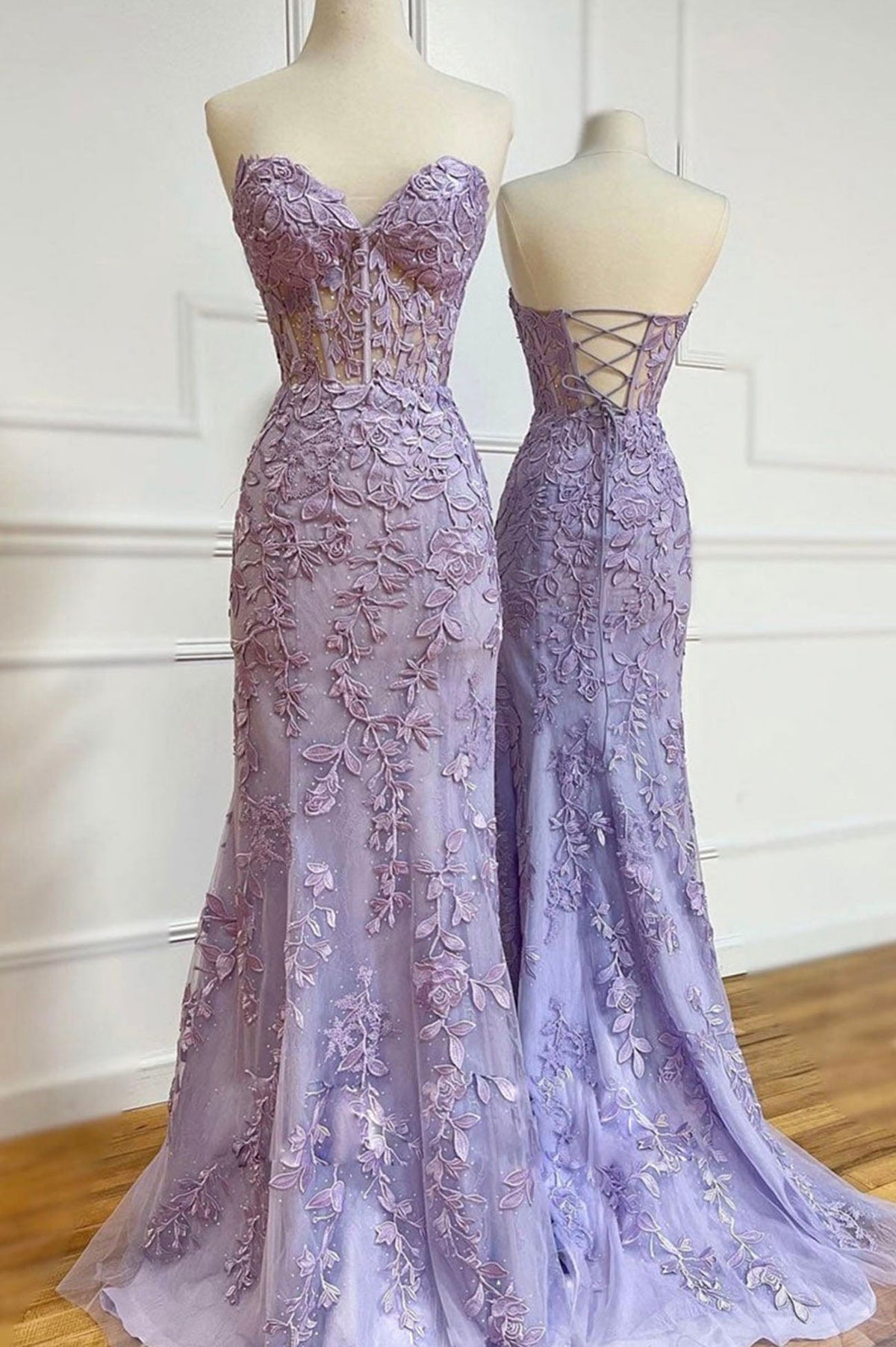 solvbao Purple Lace Long Prom Dresses, Mermaid Strapless Evening Dresses