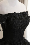 solvbao Black Tulle Lace Off the Shoulder Prom Dress, Black A-Line Evening Dress