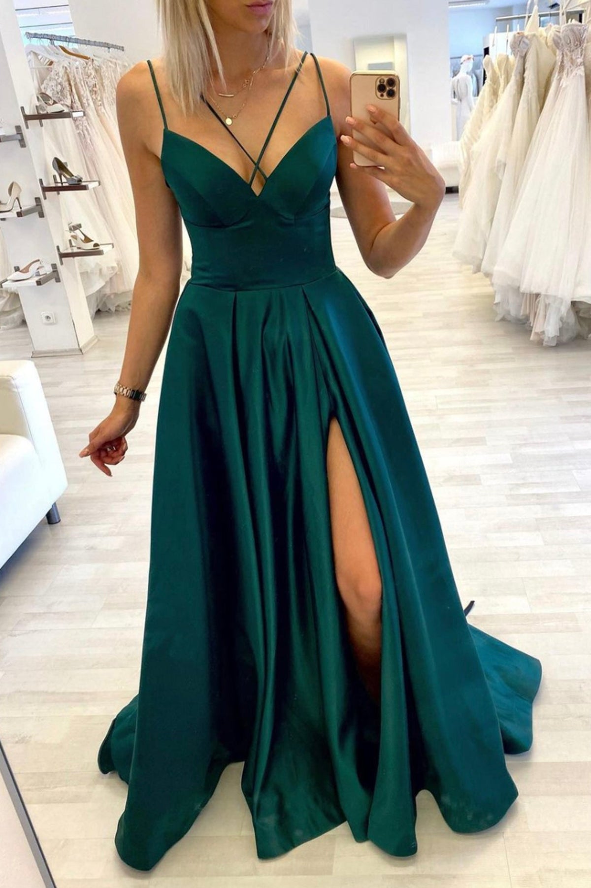 solvbao Green Satin Long Prom Dresses, A-Line Evening Party Dresses