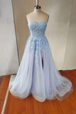 solvbao Blue Strapless Lace Long A-Line Prom Dress, Blue Evening Party Dress