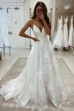 solvbao White V-Neck Lace Long Prom Dresses, A-Line Evening Dresses