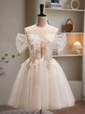 solvbao Champagne Tulle Sequins Short Prom Dress, Cute A-Line Homecoming Dress