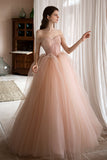 solvbao Pink Lovely Tulle Lace Long Prom Dress, Off the Shoulder Evening Dress