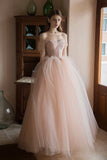 solvbao Pink Lovely Tulle Lace Long Prom Dress, Off the Shoulder Evening Dress