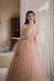 solvbao Pink Lovely Tulle Lace Long Prom Dress, Off the Shoulder Evening Dress