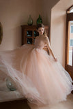 solvbao Pink Lovely Tulle Lace Long Prom Dress, Off the Shoulder Evening Dress