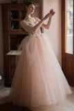 solvbao Pink Lovely Tulle Lace Long Prom Dress, Off the Shoulder Evening Dress