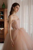 solvbao Pink Lovely Tulle Lace Long Prom Dress, Off the Shoulder Evening Dress