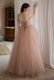 solvbao Pink Lovely Tulle Lace Long Prom Dress, Off the Shoulder Evening Dress