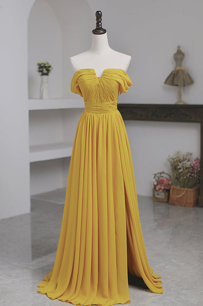 solvbao Yellow Chiffon Long Prom Dress, A-Line Off the Shoulder Evening Dress