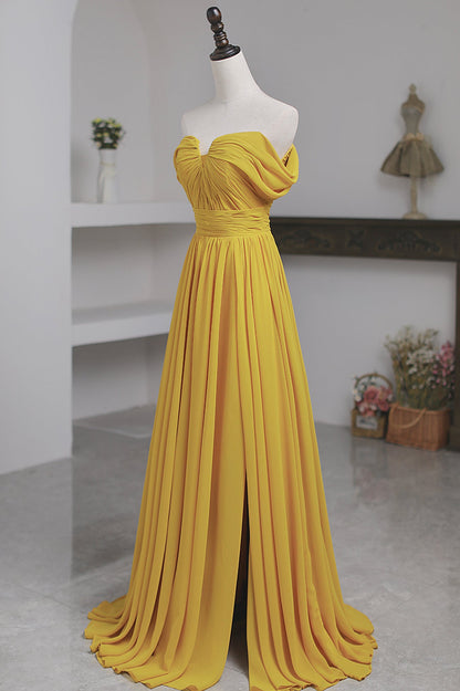 solvbao Yellow Chiffon Long Prom Dress, A-Line Off the Shoulder Evening Dress