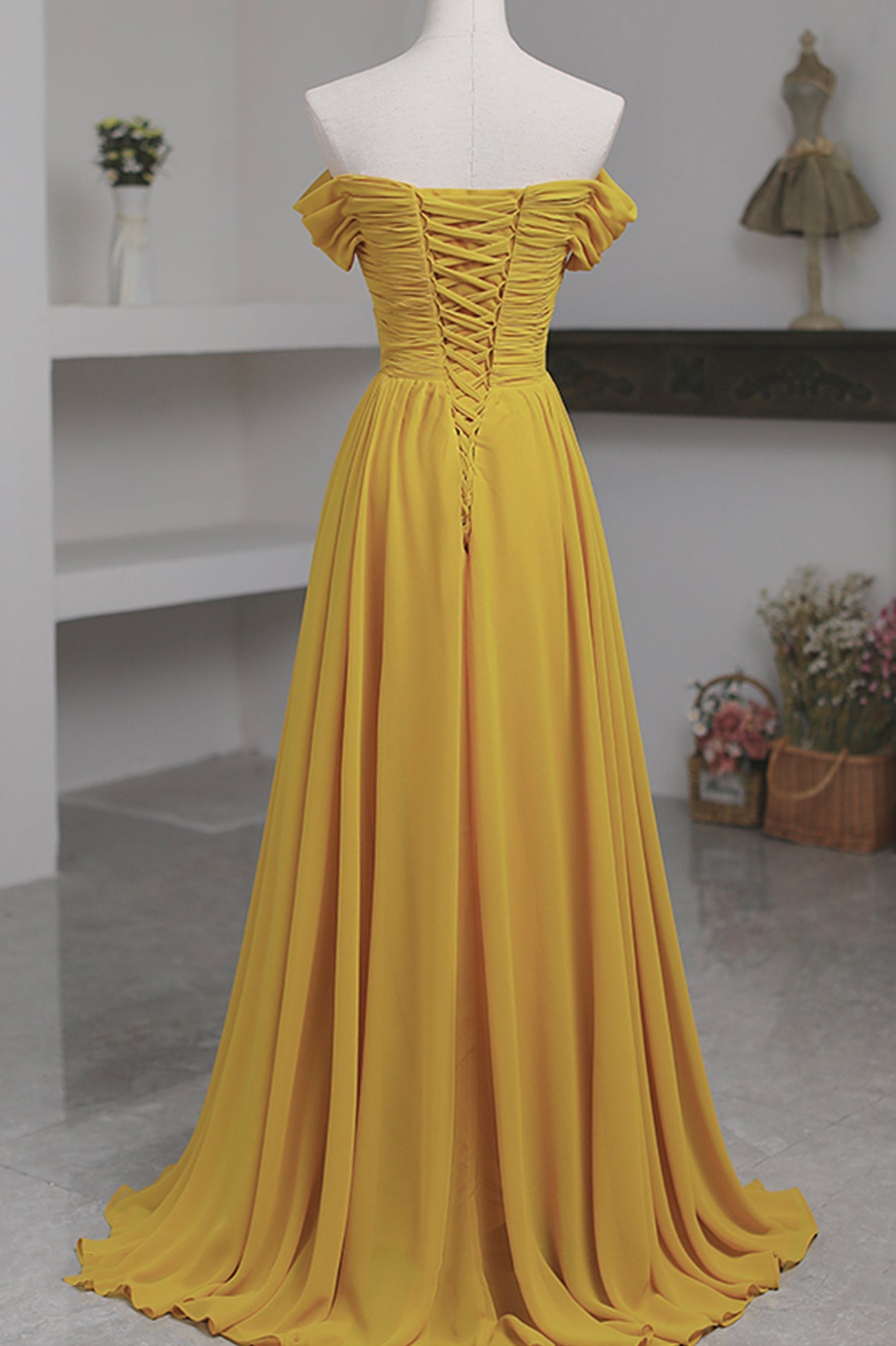 solvbao Yellow Chiffon Long Prom Dress, A-Line Off the Shoulder Evening Dress