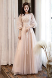 solvbao Pink Tulle Lace Long A-Line Prom Dresses, Long Sleeve Evening Dresses