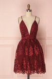 solvbao Burgundy V-Neck Lace Short Backless Prom Dress, Cute Lace Party Dress