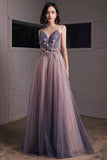 solvbao Purple V-Neck Tulle Long Prom Dresses, A-Line Ombre Evening Dresses