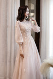 solvbao Pink Tulle Lace Long A-Line Prom Dresses, Long Sleeve Evening Dresses