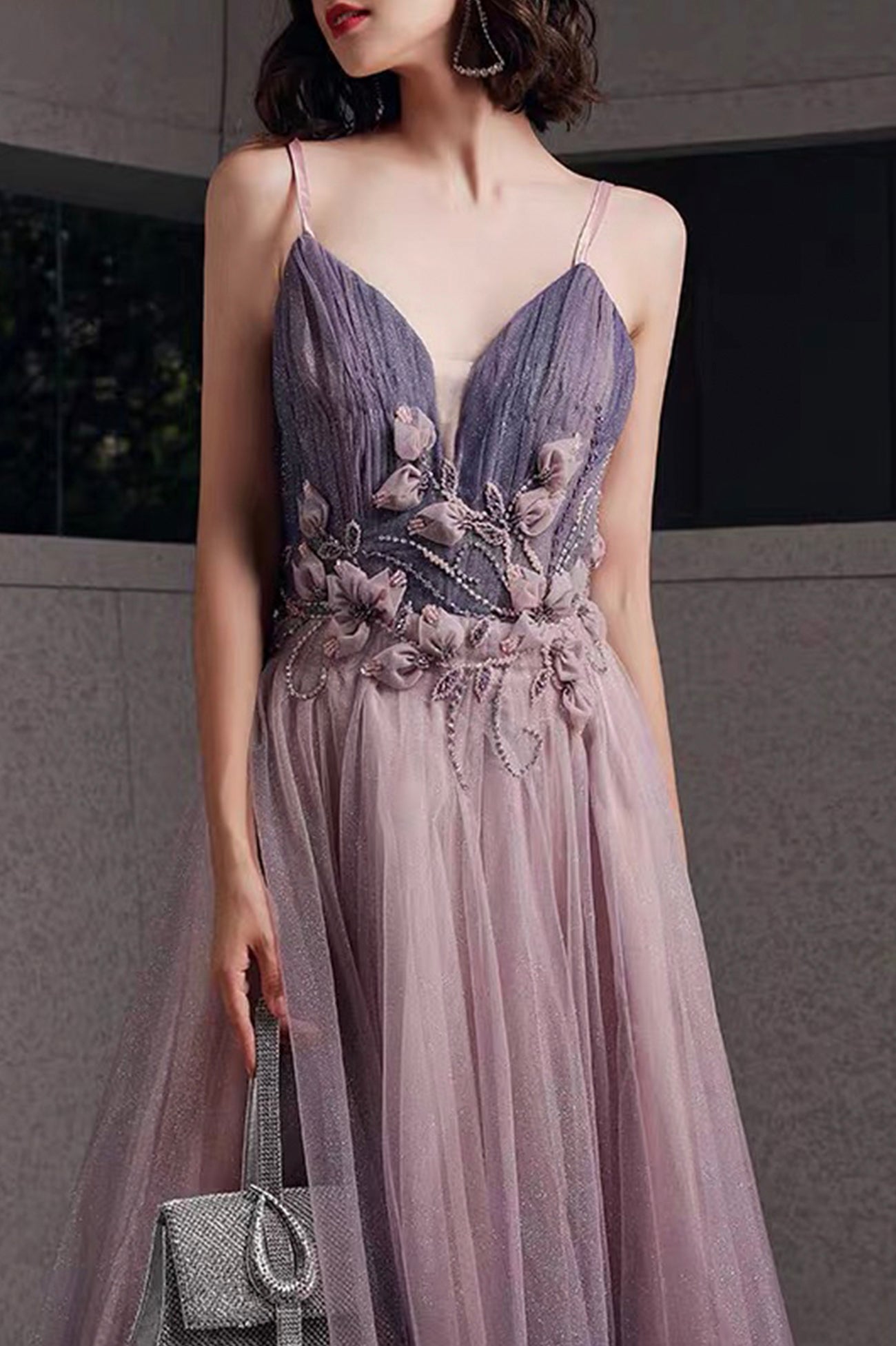 solvbao Purple V-Neck Tulle Long Prom Dresses, A-Line Ombre Evening Dresses