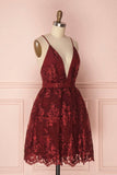 solvbao Burgundy V-Neck Lace Short Backless Prom Dress, Cute Lace Party Dress