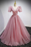 solvbao Pink V-Neck Tulle Long Prom Dresses, A-Line Evening Party Dresses