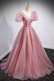 solvbao Pink V-Neck Tulle Long Prom Dresses, A-Line Evening Party Dresses