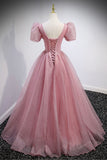 solvbao Pink V-Neck Tulle Long Prom Dresses, A-Line Evening Party Dresses