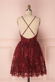 solvbao Burgundy V-Neck Lace Short Backless Prom Dress, Cute Lace Party Dress